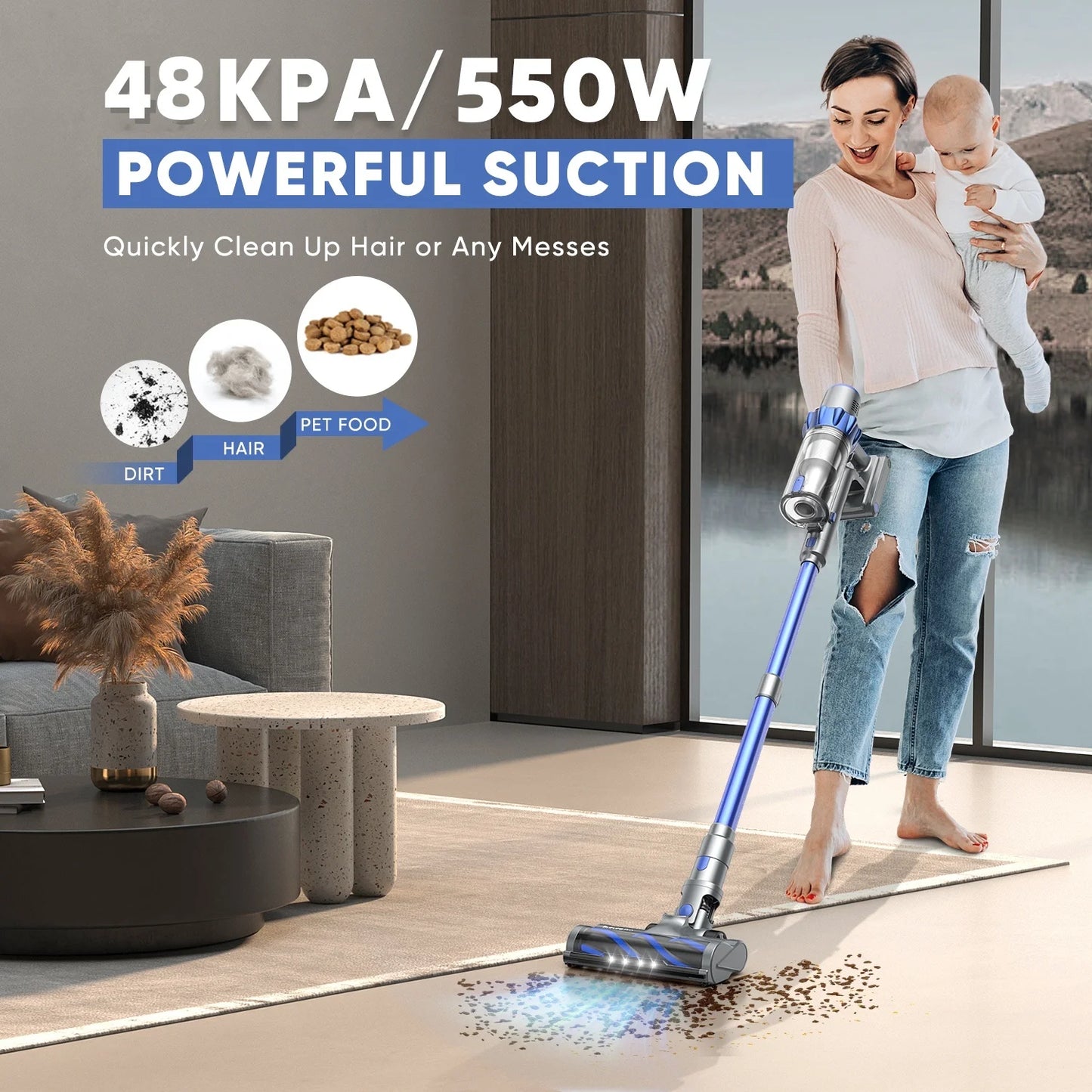 Cordless Vacuum Cleaner, 550W/48KPA 55Mins Lightweight Stick Vacuum Cleaner for Carpet Pet Hair Hardwood Floor